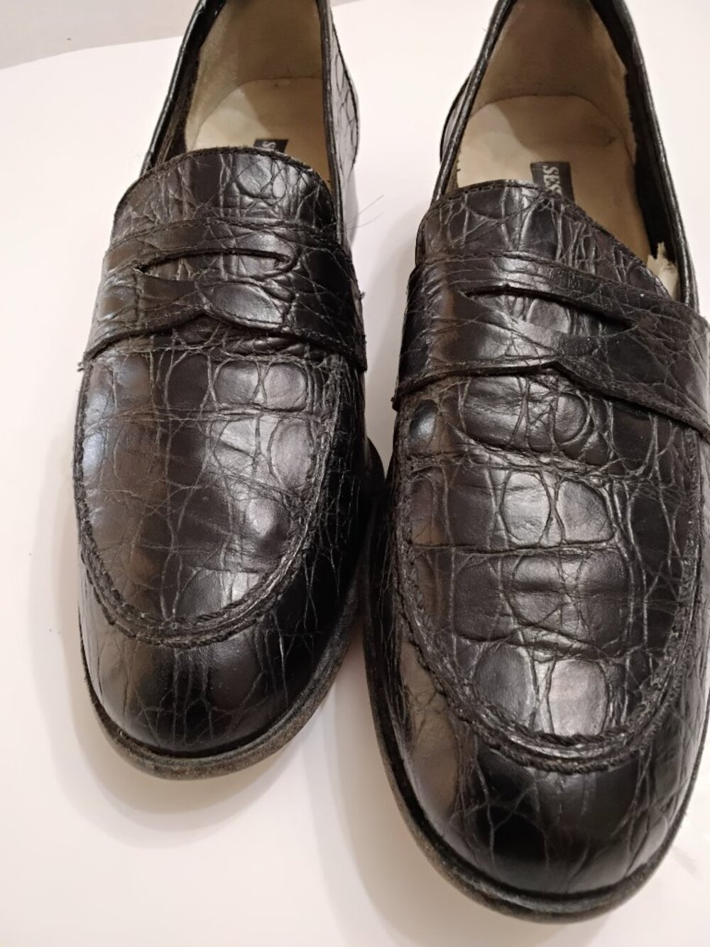 Vintage Sesto Meucci Black Croc Embossed Leather Penny Loafers 5.5 N Italy